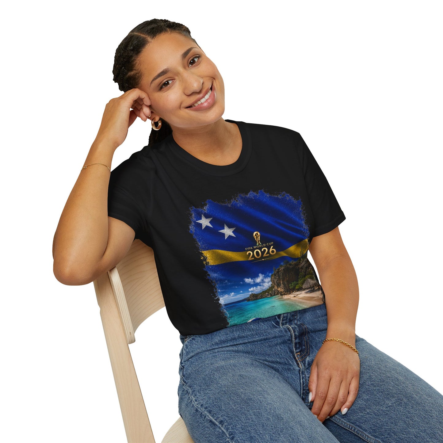 Curaçao Football Flag Beach Graphic T-Shirt Cinematic Caribbean Soccer Tee