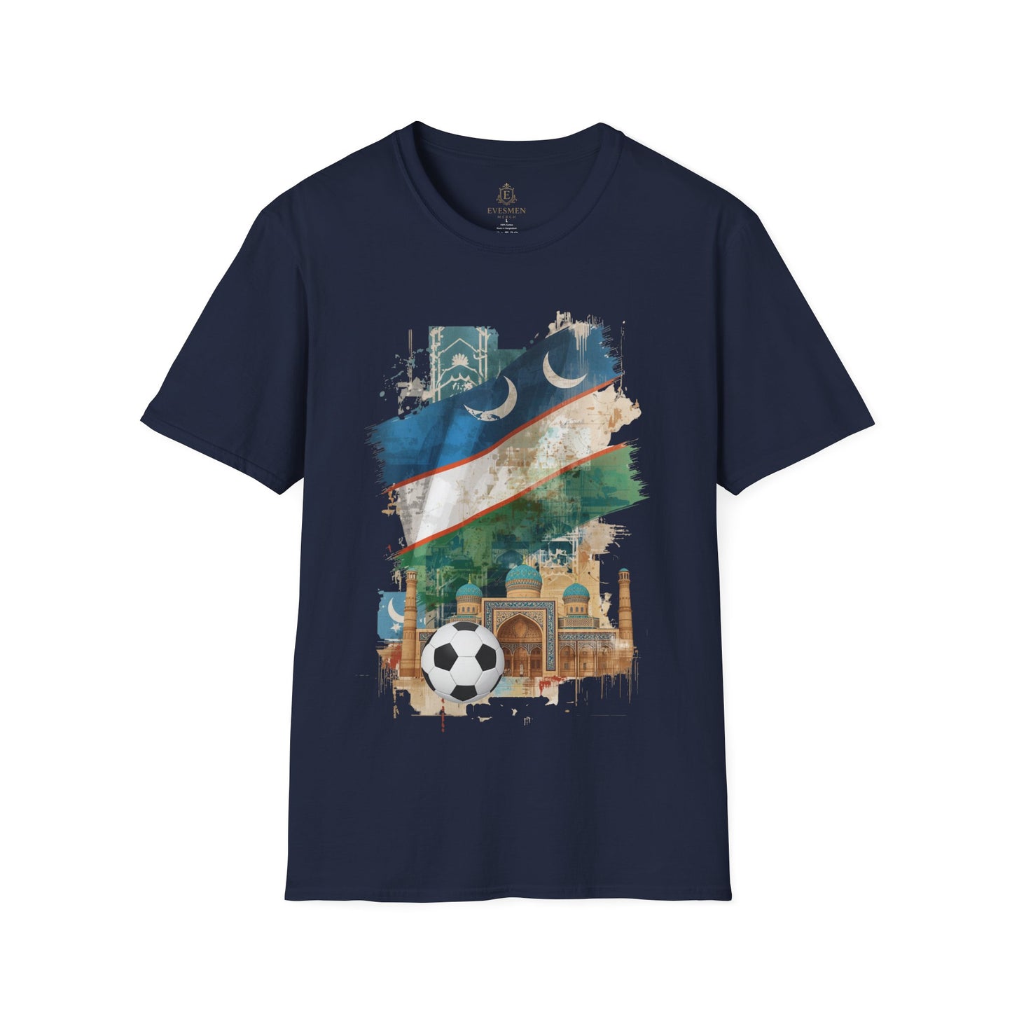 Uzbekistan Flag Soccer T-Shirt — Crescent Emblem & Landmark Design Tee