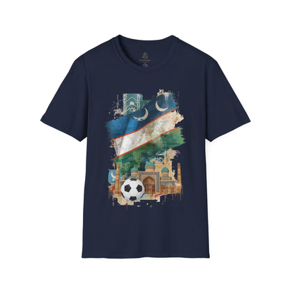 Uzbekistan Flag Soccer T-Shirt — Crescent Emblem & Landmark Design Tee