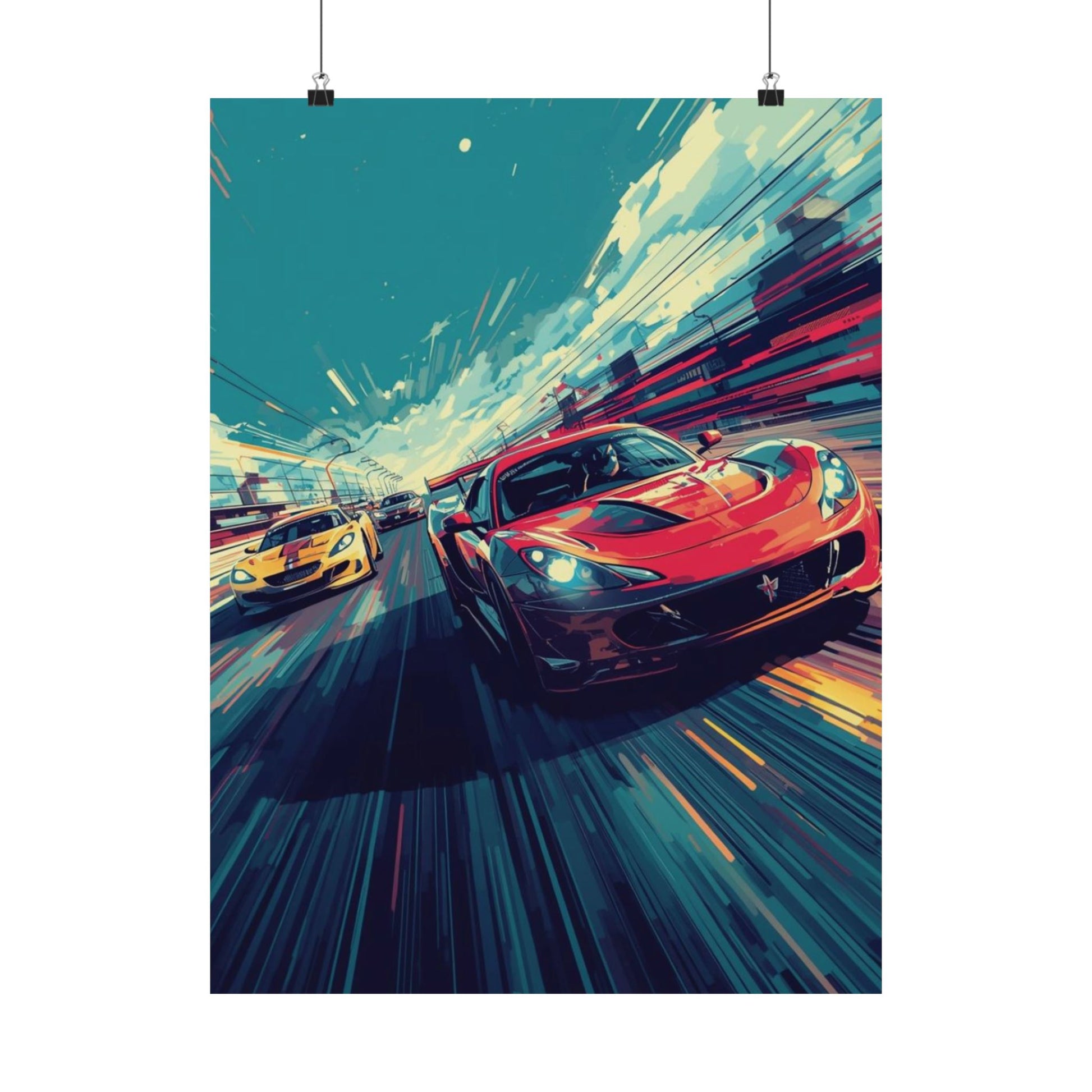 Artistic depiction of two racing cars on a city street with dynamic lines and colors.