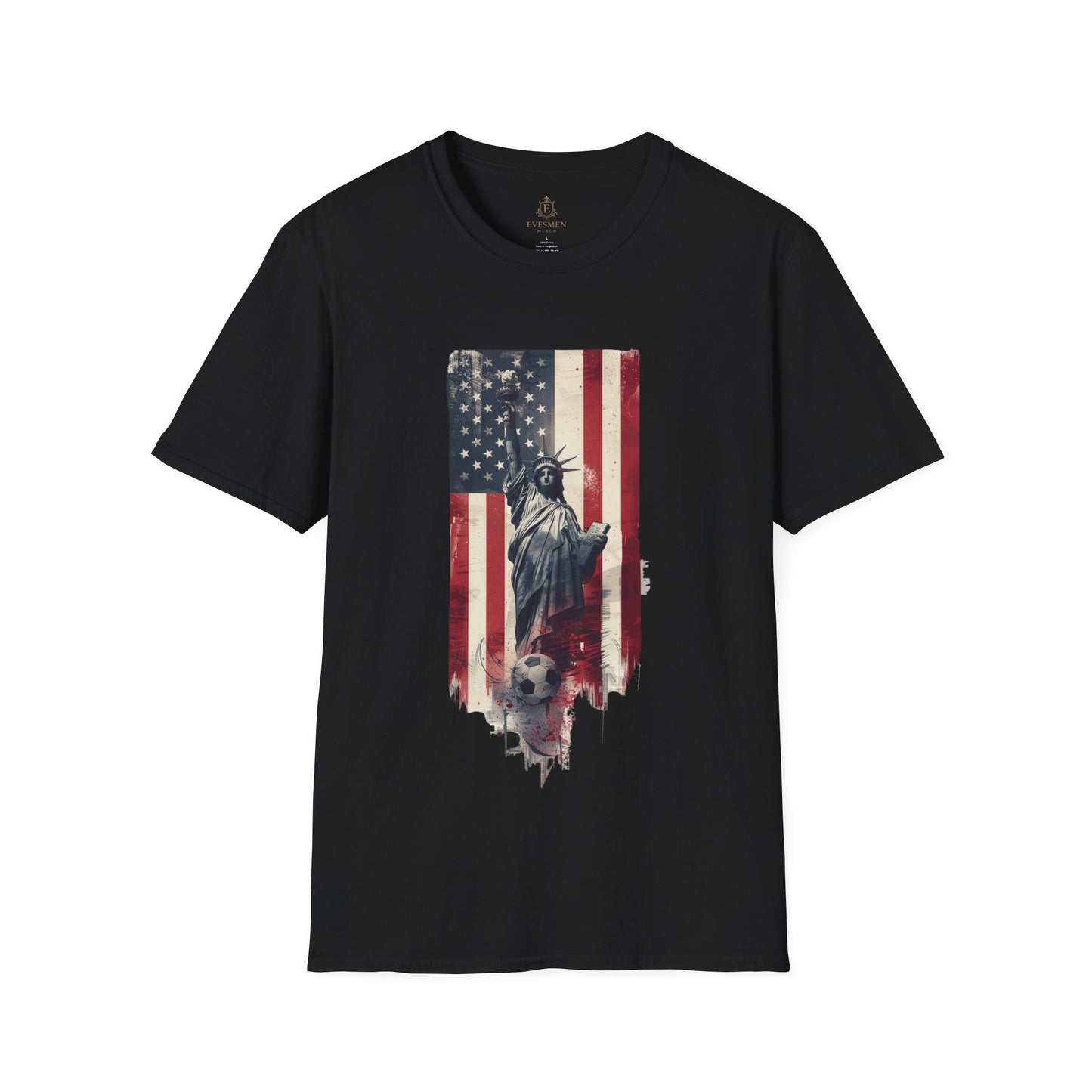 Statue of Liberty American Flag Soccer T-Shirt — Patriotic USA Graphic Tee
