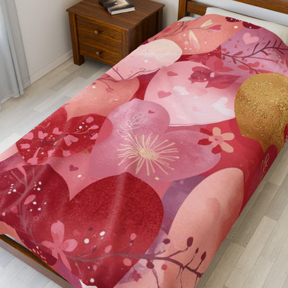 Valentine Heart Plush Blanket – Soft Pink & Gold Heart Pattern Velveteen Throw