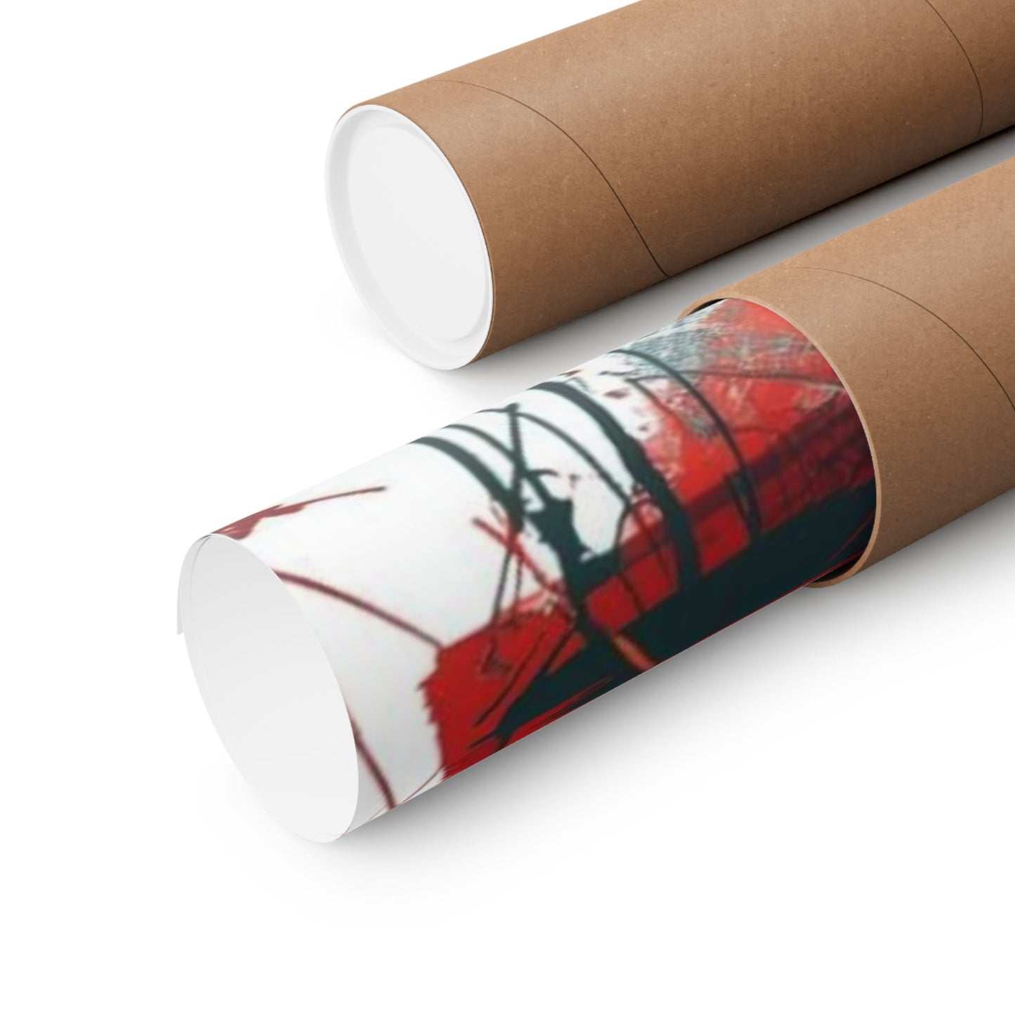 Two cardboard tubes with printed paper, one showing a red and black design.