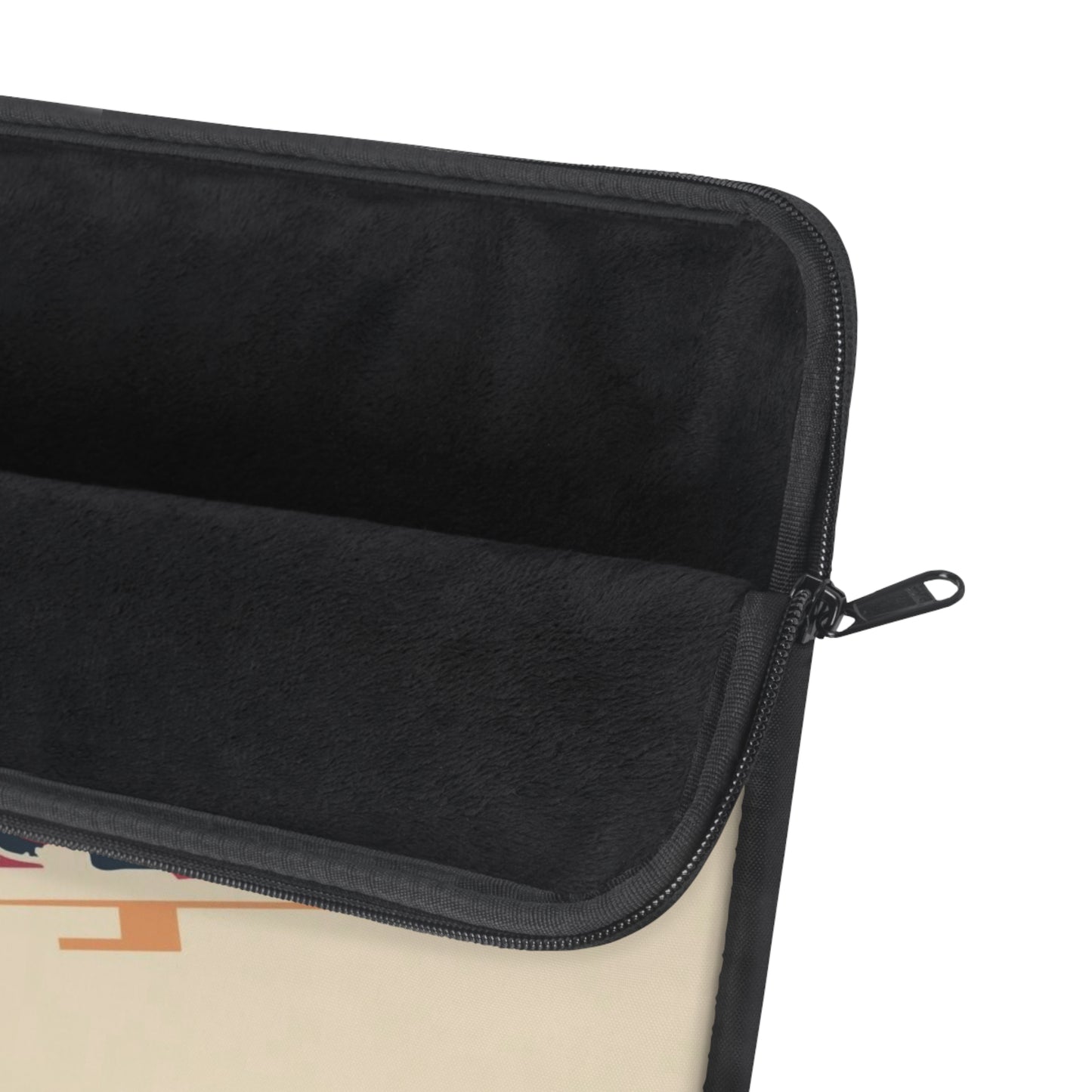 Black zippered pouch with a beige interior on a white background
