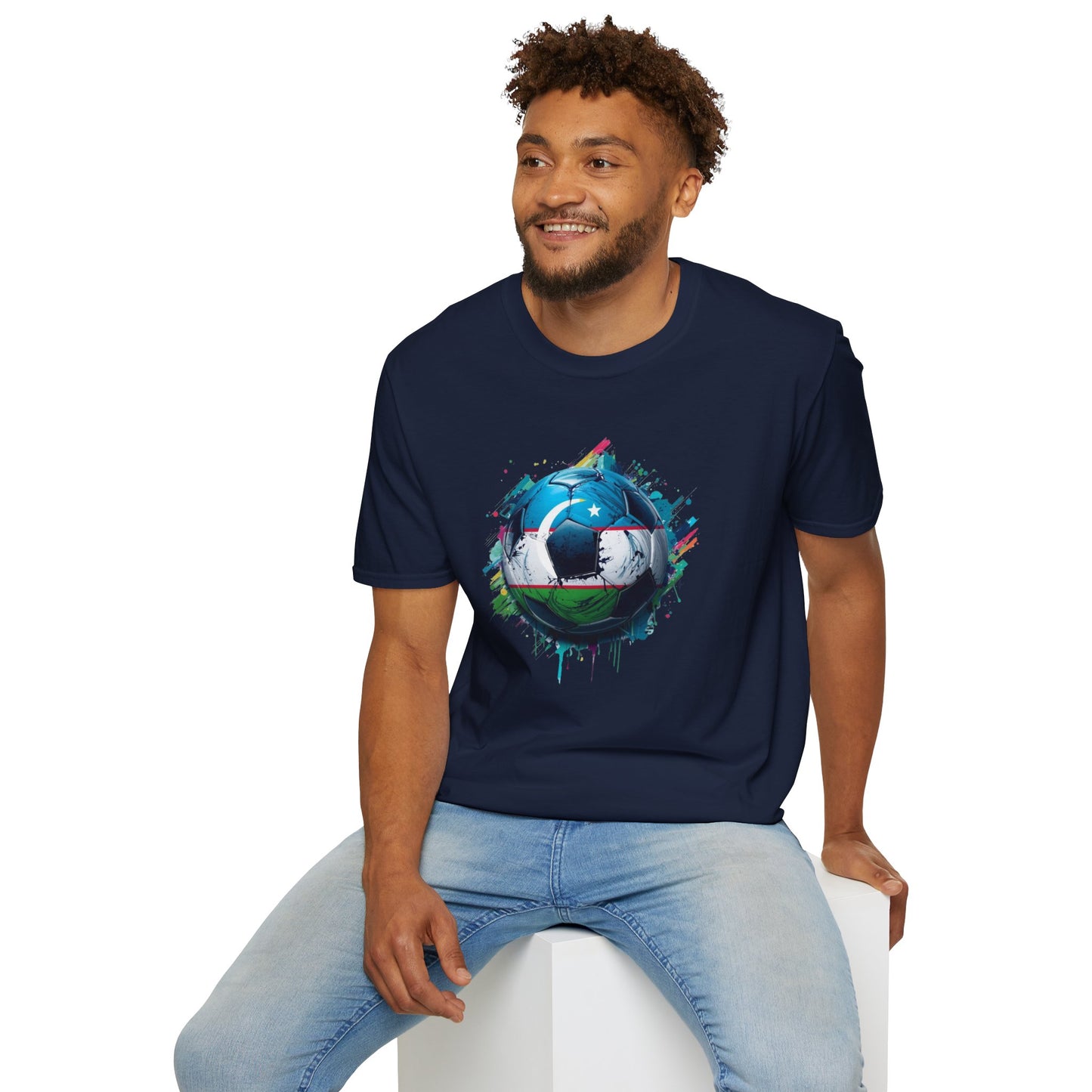 Uzbekistan Football Flag Splatter T-Shirt Abstract Crescent Moon Design Tee