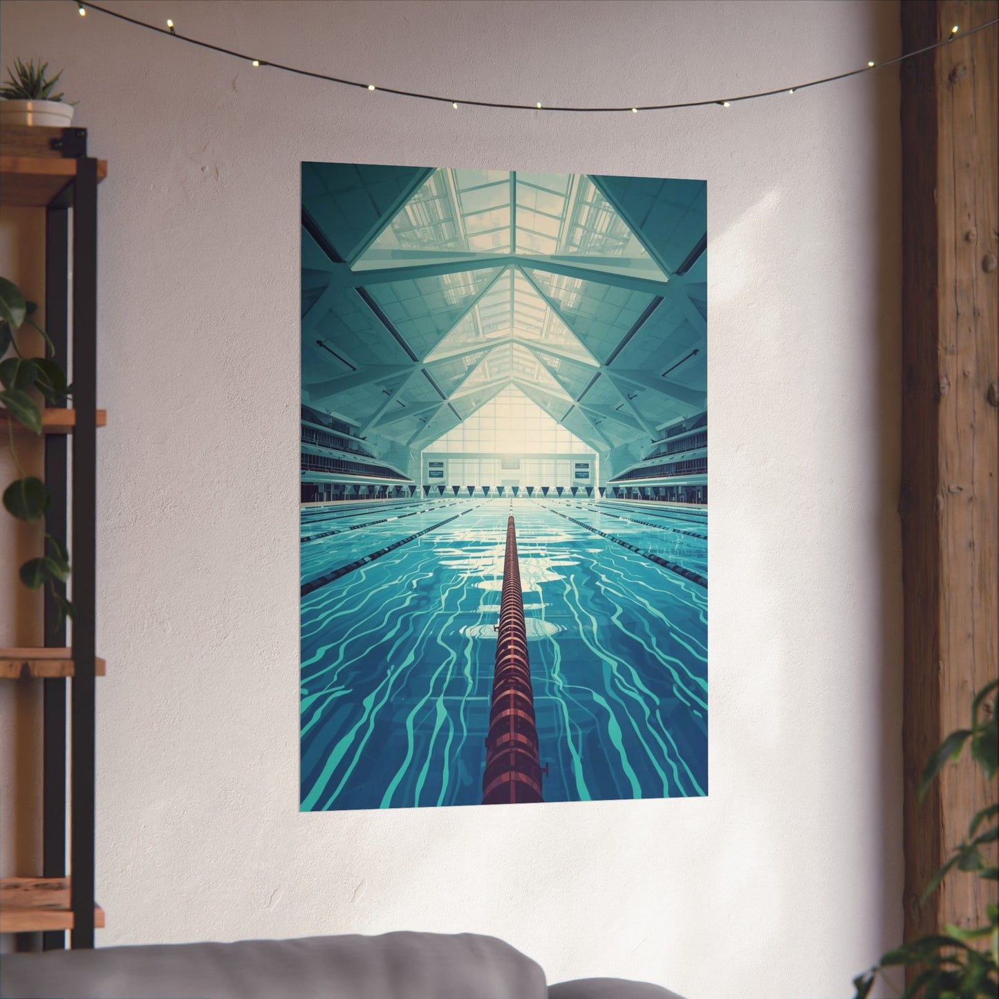 Poster of an indoor swimming pool with a geometric ceiling hanging on a wall.