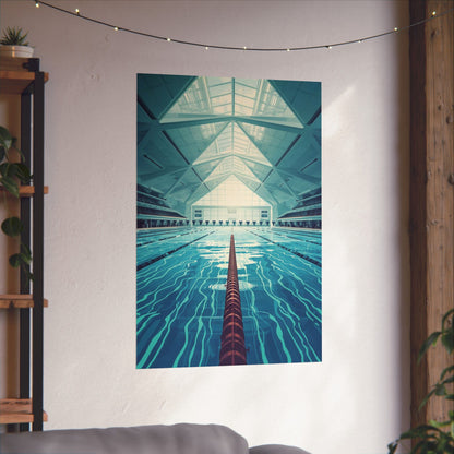 Poster of an indoor swimming pool with a geometric ceiling hanging on a wall.
