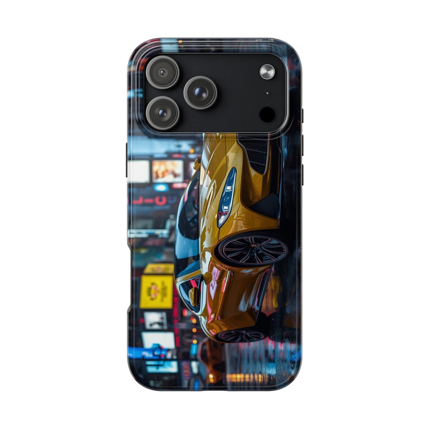 Phone case with a yellow sports car on a city street at night design