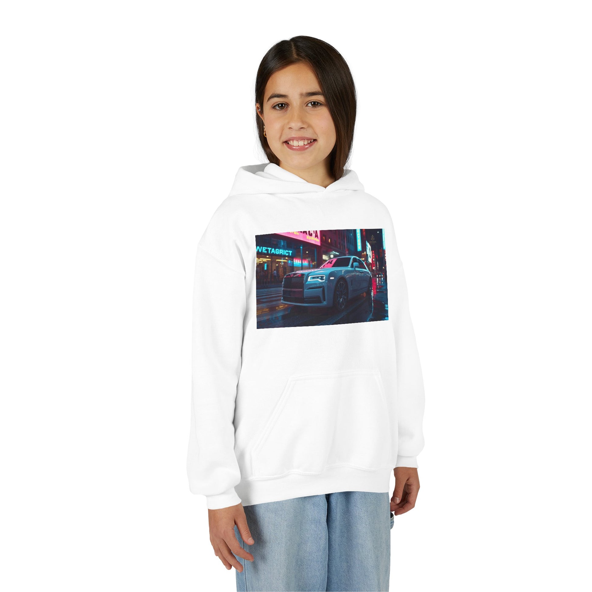 Person wearing a white hoodie with a graphic design on a white background