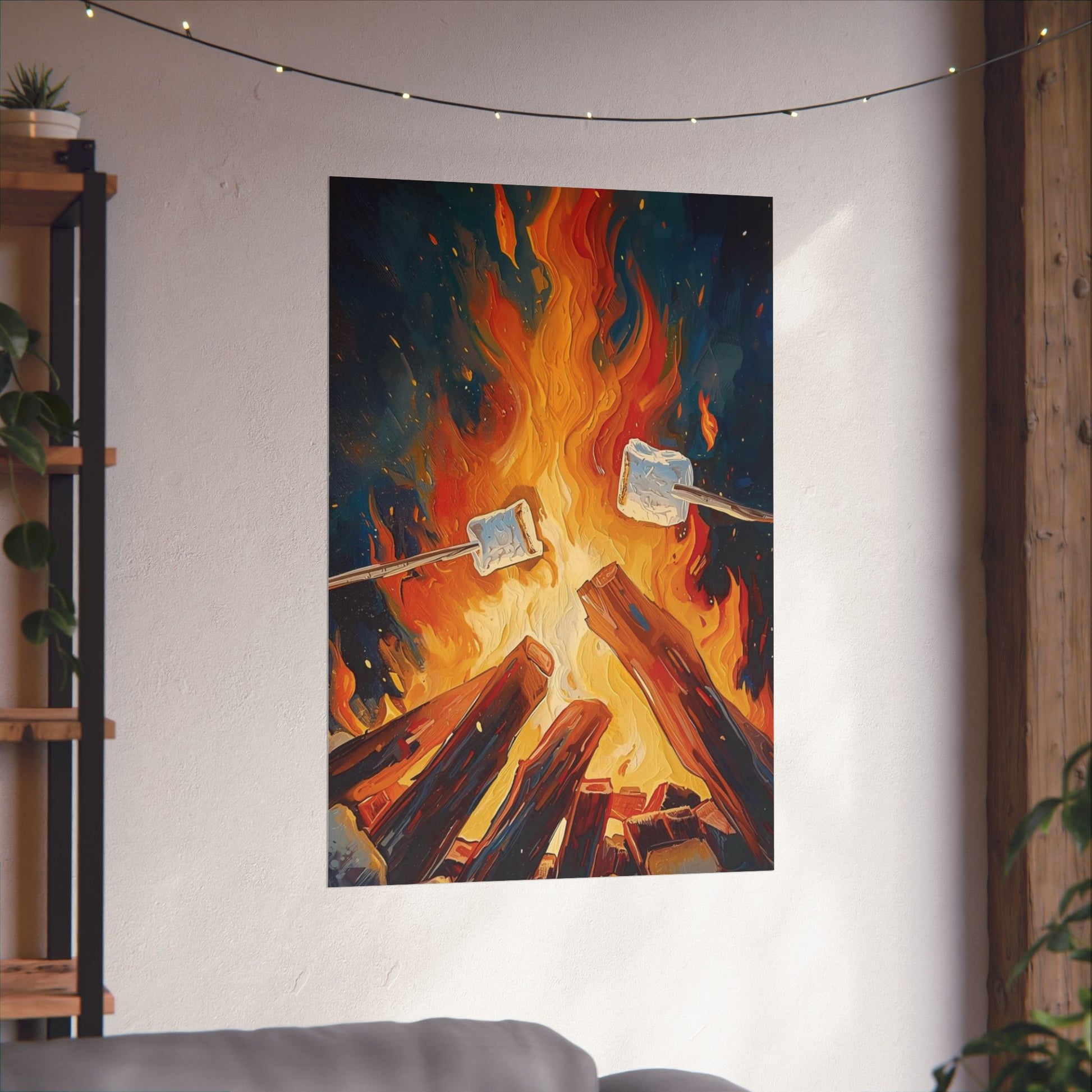 Wall tapestry of a campfire with marshmallows over a white wall.