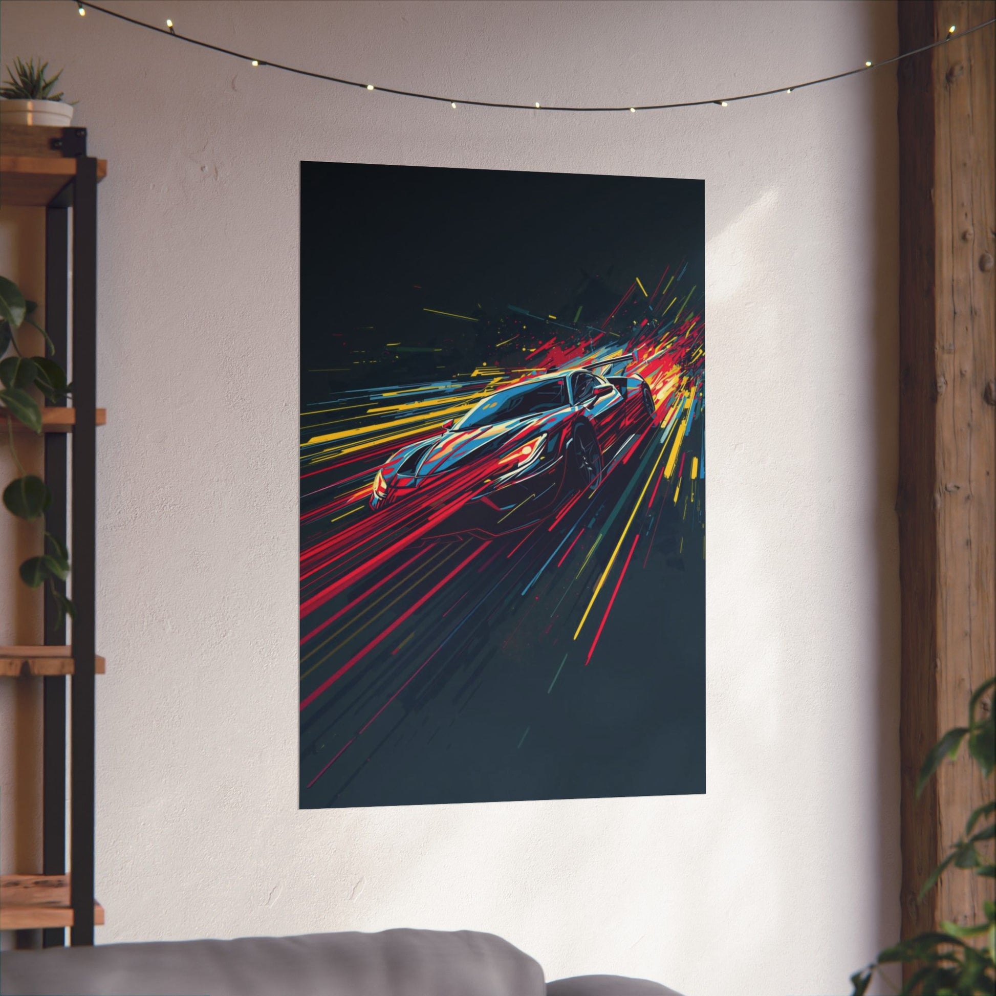 Colorful abstract painting of a car on a wall in a room with a sofa and shelves.