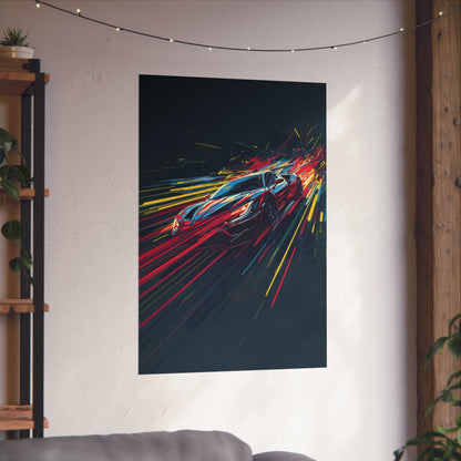 Colorful abstract painting of a car on a wall in a room with a sofa and shelves.
