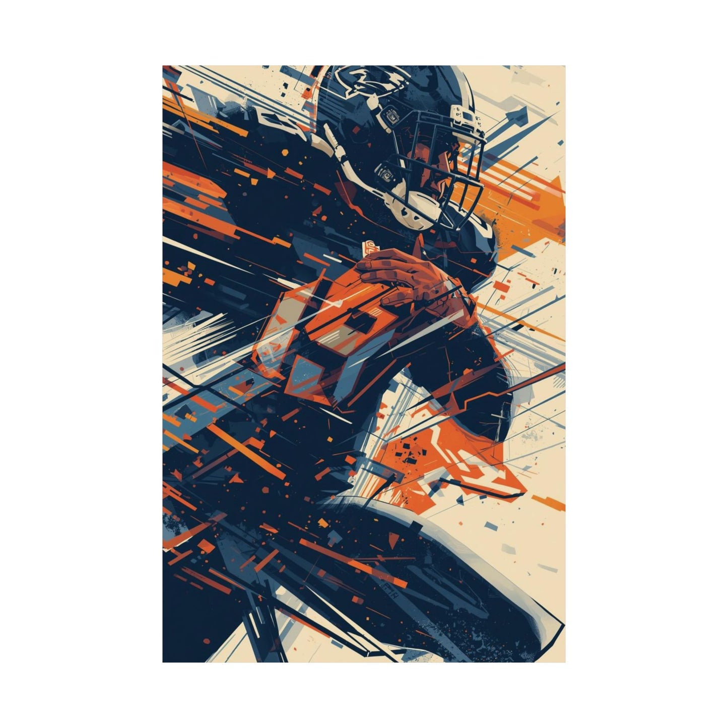 Abstract art print of a football player with dynamic lines and shapes in orange, blue, and black on a white background.