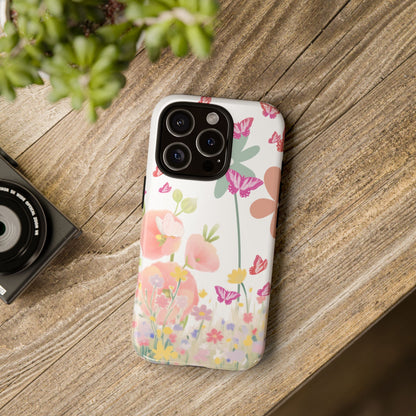 Phone case with floral design on a wooden surface next to a camera and plant