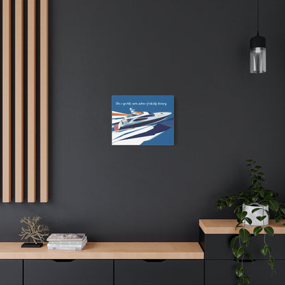 Canvas wall art of a yacht on a dark wall with wooden shelves and decor.