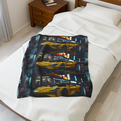 Luxury Sports Car Velveteen Plush Blanket - Yellow Supercar Night City Design