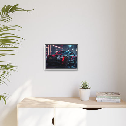 Framed Matte Canvas Print — Red Luxury Sports Car Neon City Wall Art