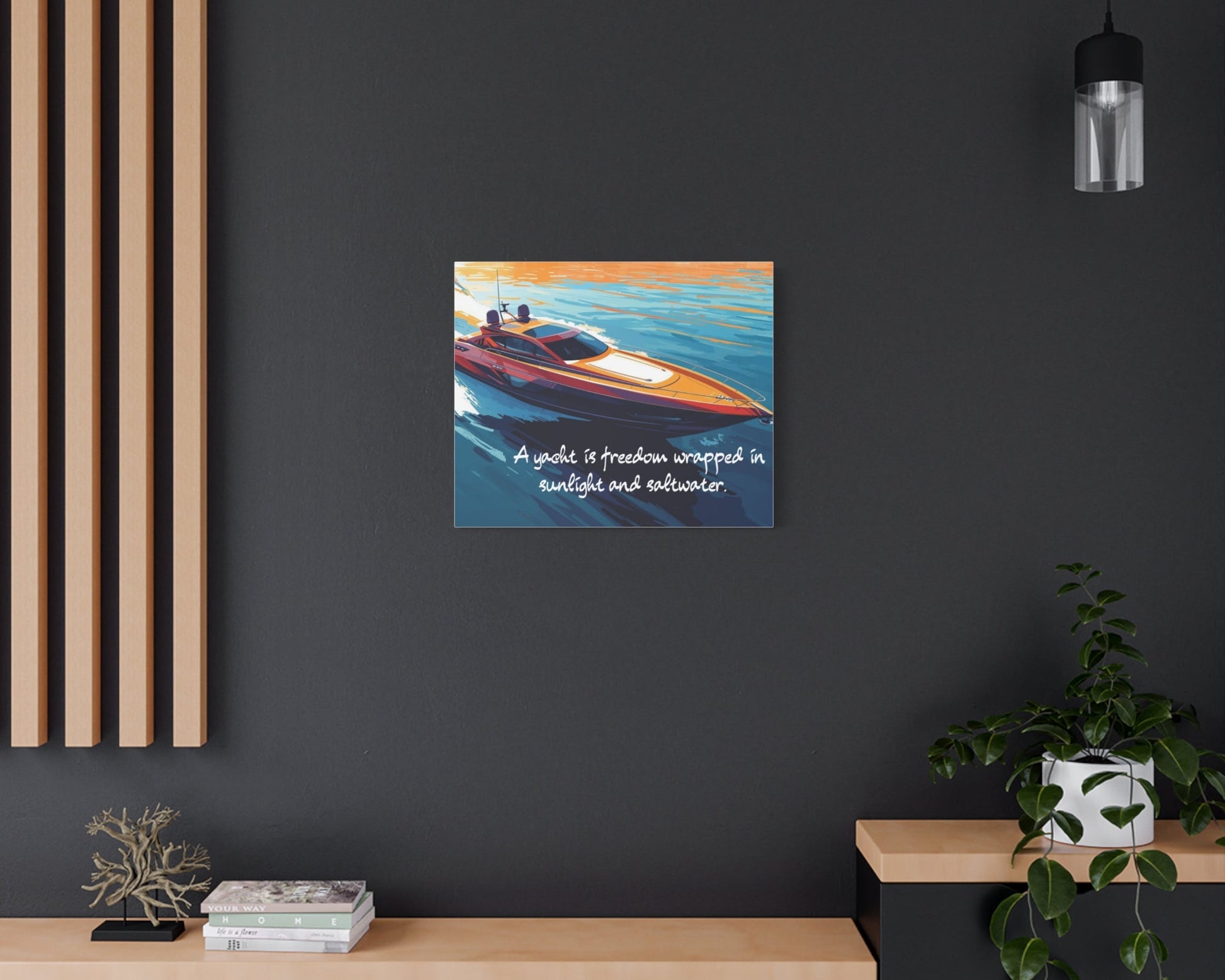 Yacht canvas wall art, displayed on a dark wall above a wooden console table.