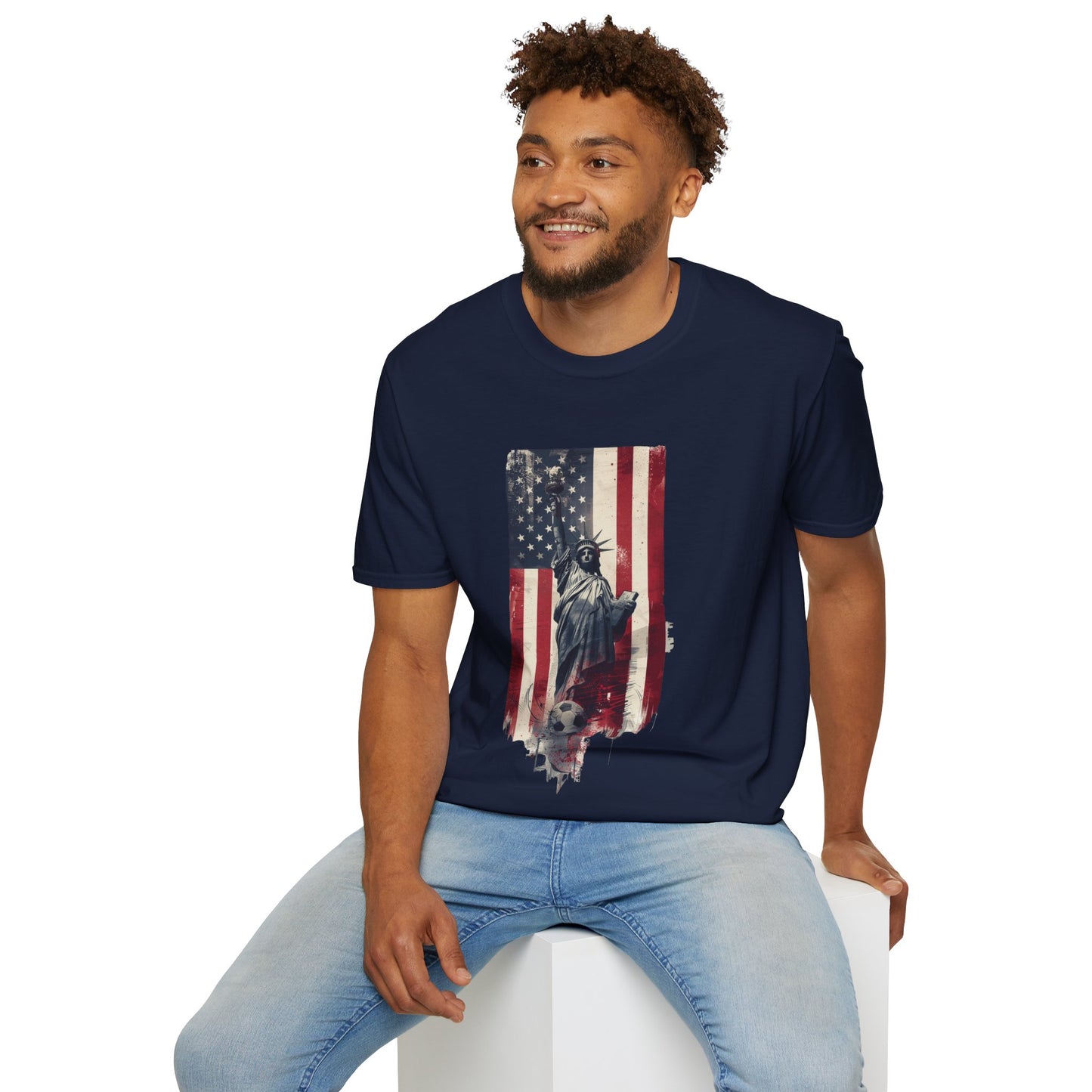 Statue of Liberty American Flag Soccer T-Shirt — Patriotic USA Graphic Tee