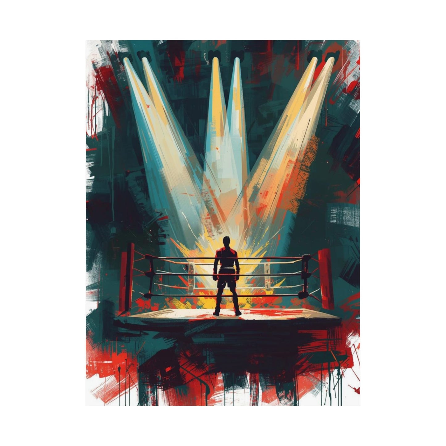 Artistic depiction of a boxer in a boxing ring with dramatic lighting and colors.