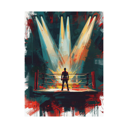 Artistic depiction of a boxer in a boxing ring with dramatic lighting and colors.
