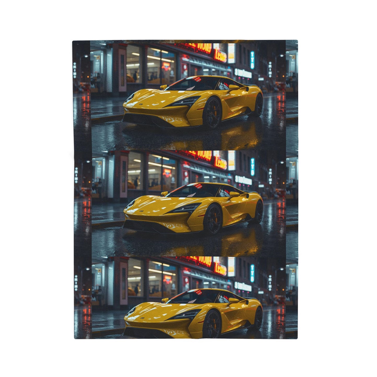 Yellow sports car on a wet city street with reflections