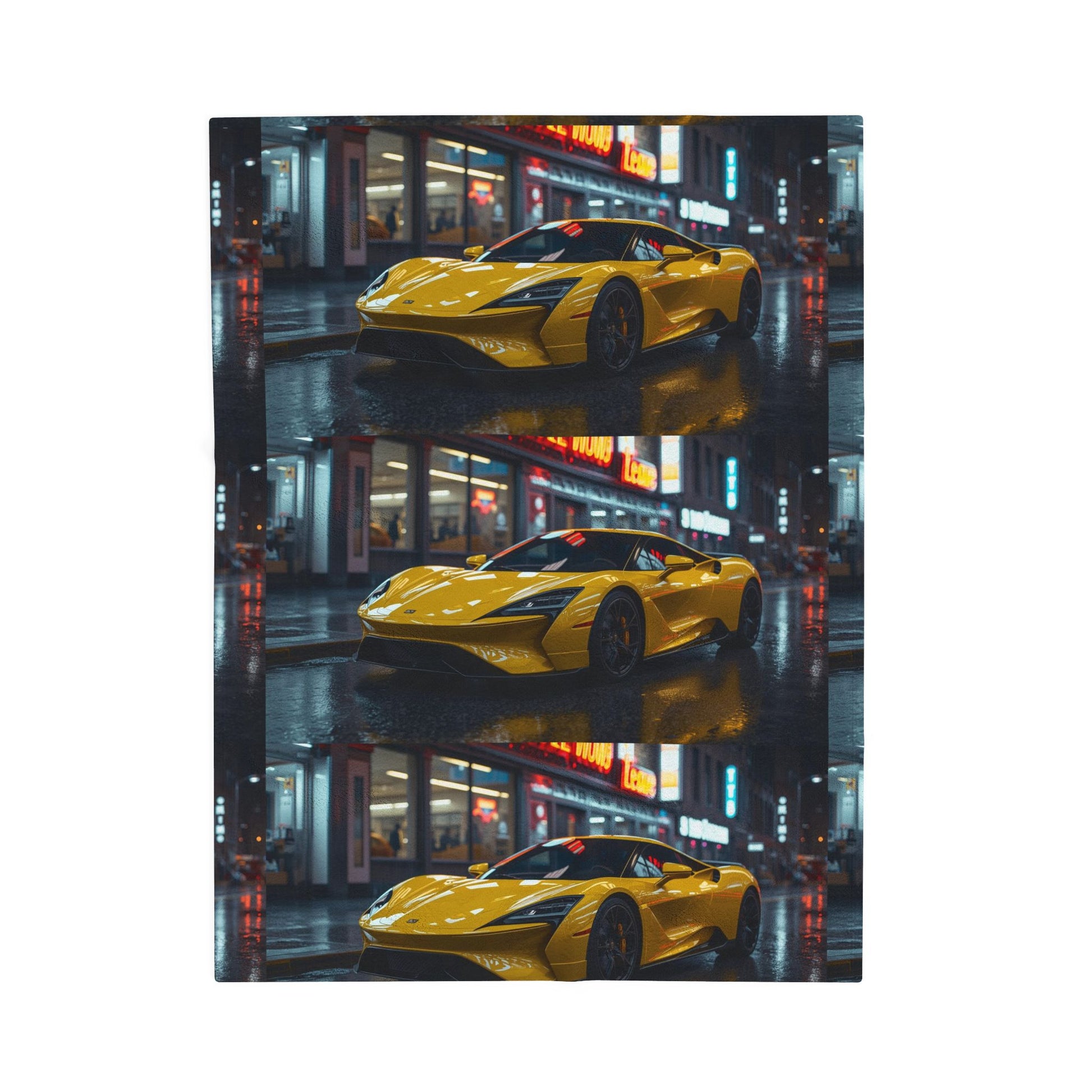 Yellow sports car on a wet city street with reflections