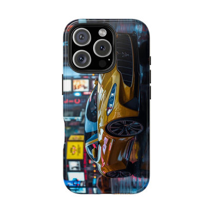 Phone case with a car design on a colorful city street background