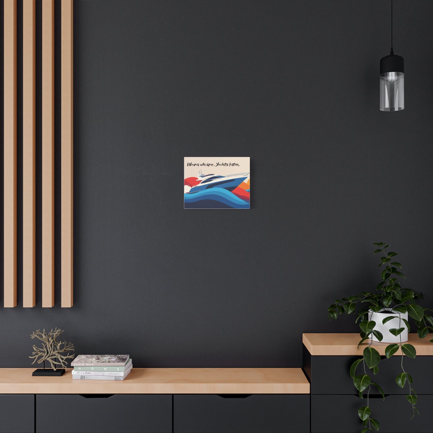 Yacht canvas wall art on a modern interior dark wall, wooden shelf, and decorative items.