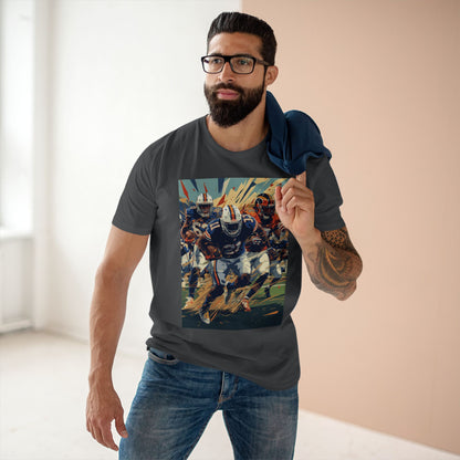 Man wearing a t-shirt with a colorful graphic design in a room with a neutral background