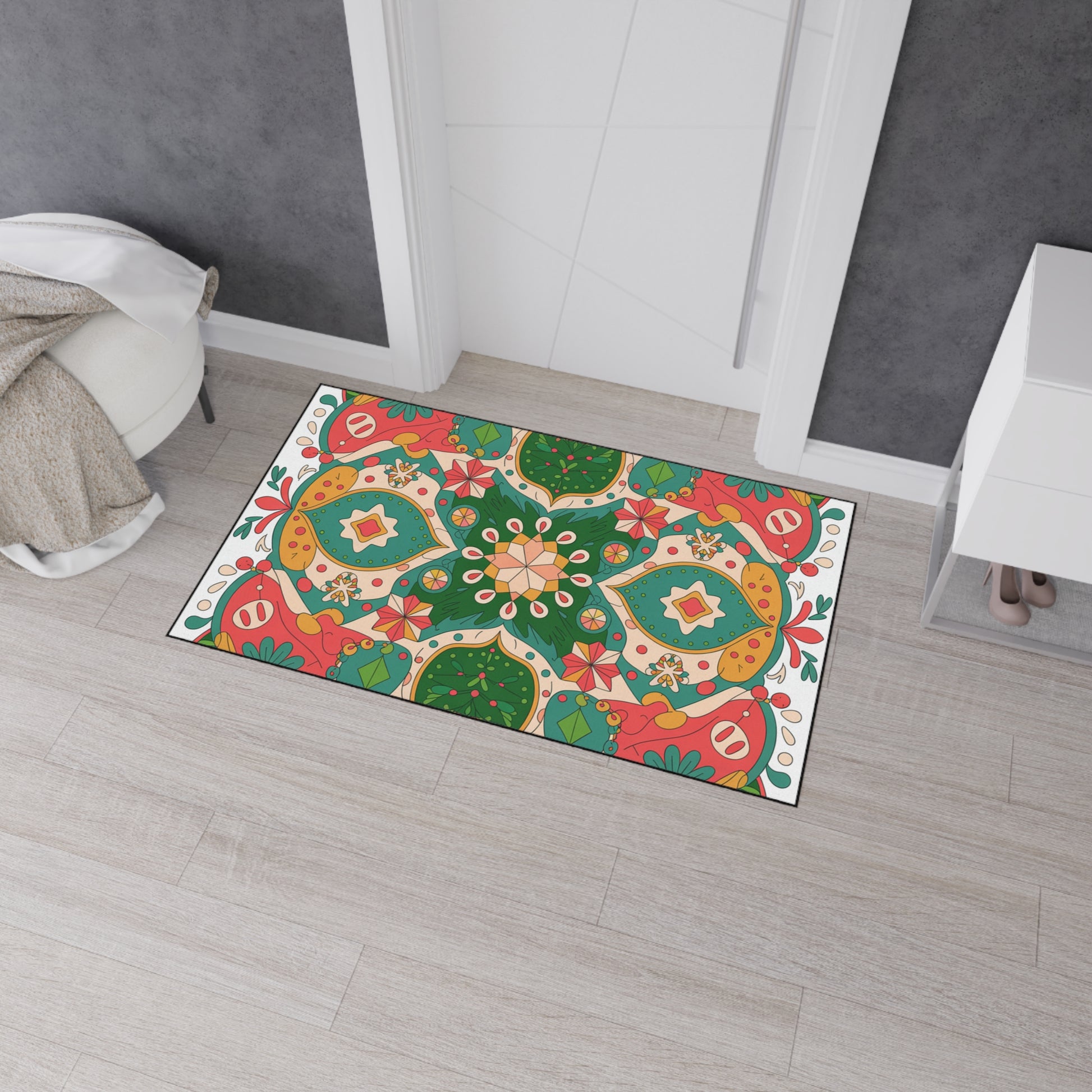 Decorative rug with a colorful pattern on a wooden floor.