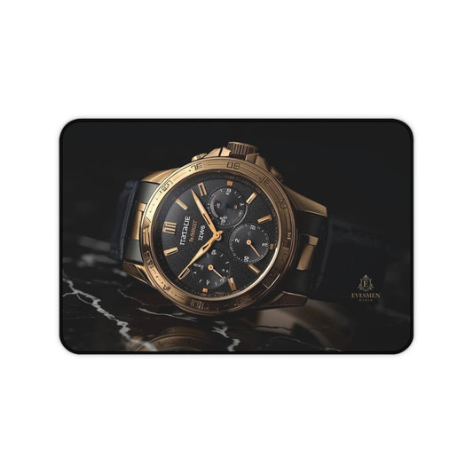 Luxury watch with gold and black design on a dark marble background