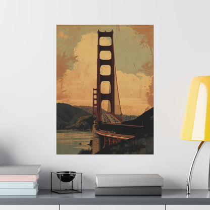 Poster of the Golden Gate Bridge on a wall above a shelf with books and a lamp.