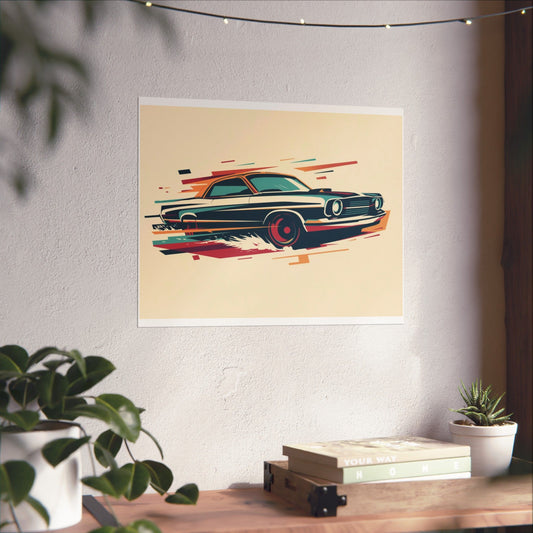 Poster of a classic vintage car on a beige background on a wall with plants and books below.