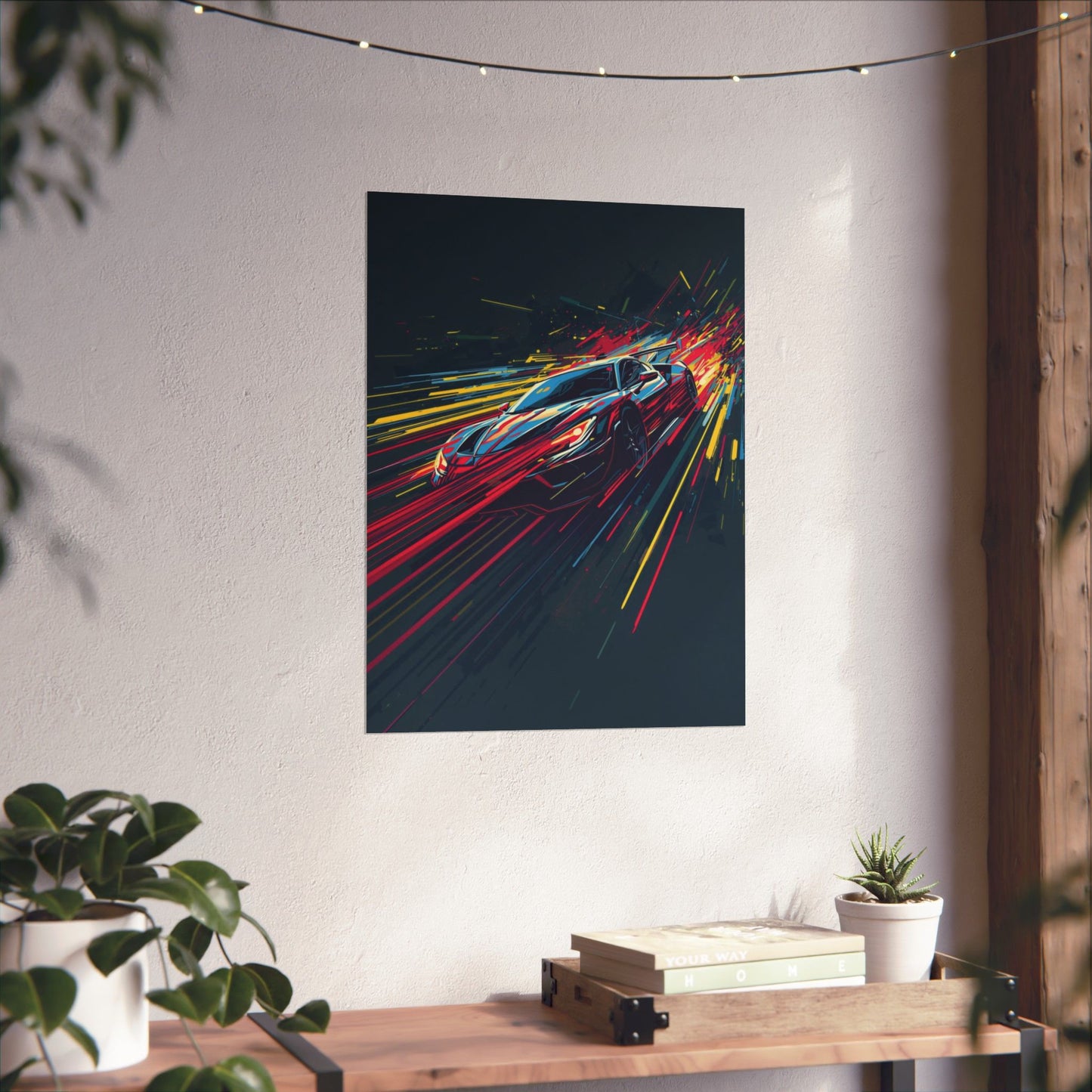 Colorful abstract painting of a car on a wall above a wooden shelf with plants.