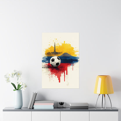 Ecuador Soccer Poster — Matte Flag Art with Pichincha Volcano & Quito Monument Art