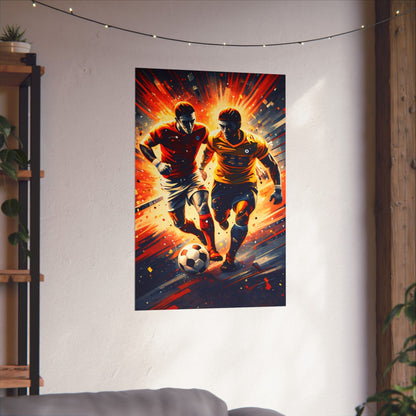 Soccer Action Matte Vertical Poster — Dynamic Two Players Dribbling Design