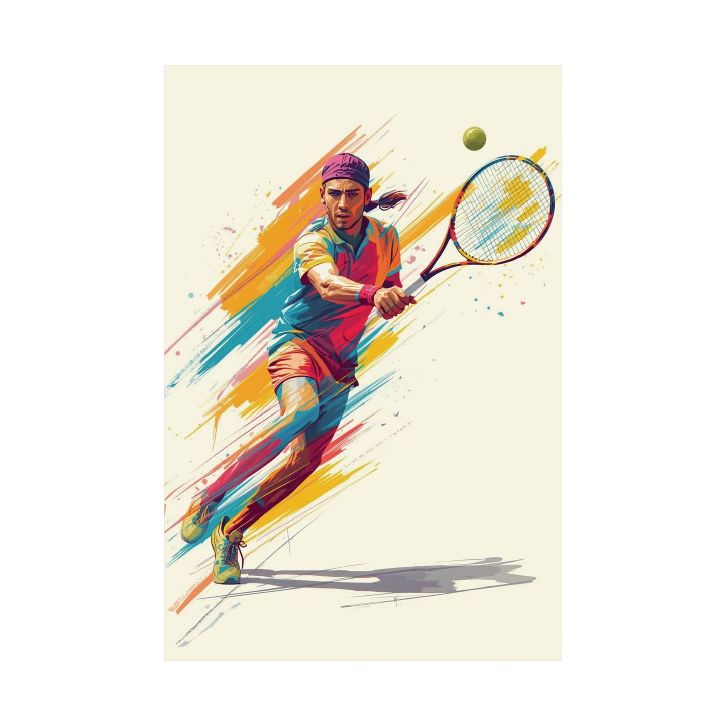 Colorful illustration of a tennis player in action with a racket and ball.