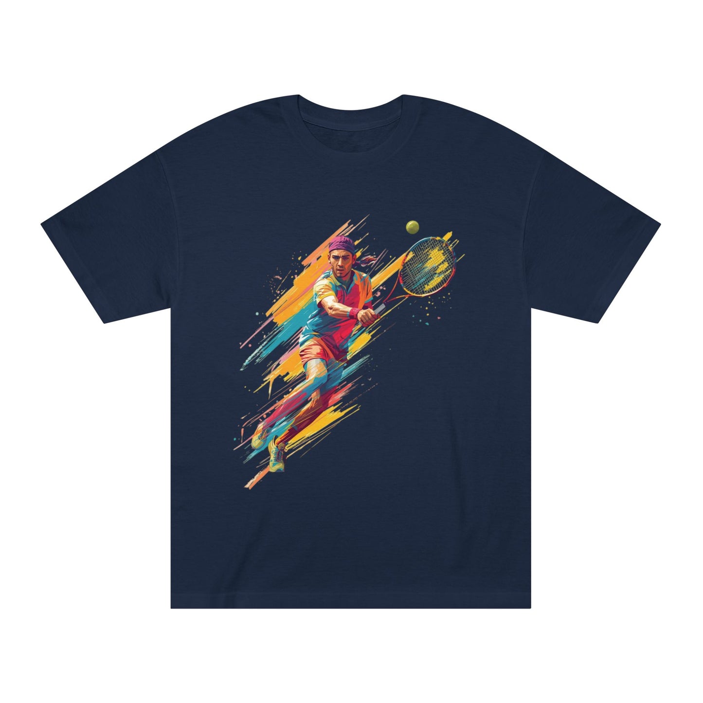 Tennis Player Graphic Tee — Colorful Action Racquet Design Shirt