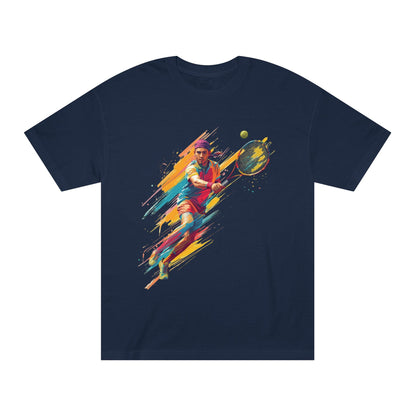 Tennis Player Graphic Tee — Colorful Action Racquet Design Shirt