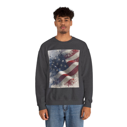 Man wearing a dark gray sweatshirt with a vintage American flag design on a white background