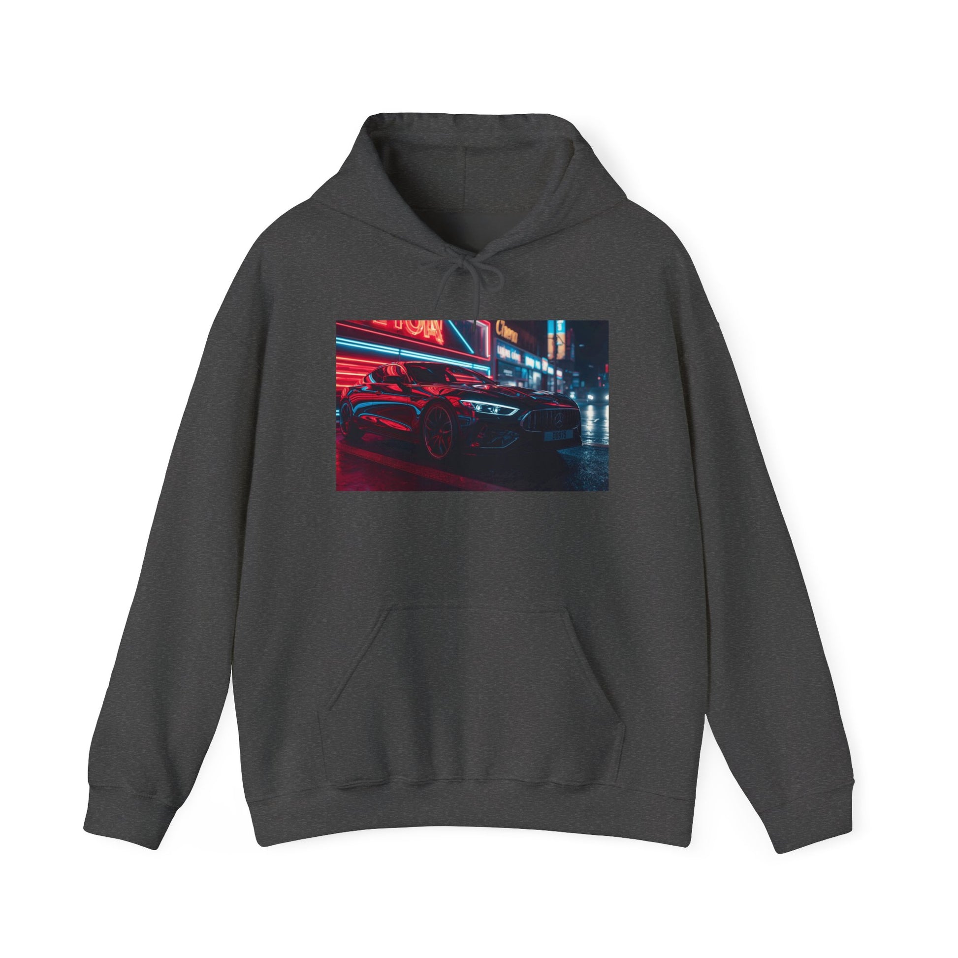Dark gray hoodie with a graphic of a car on a neon-lit street on a white background
