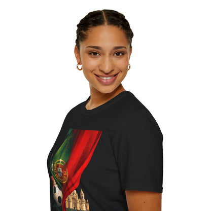 Portugal Flag Soccer T-Shirt — Portuguese Football Fan Tee with Lisbon Landmark