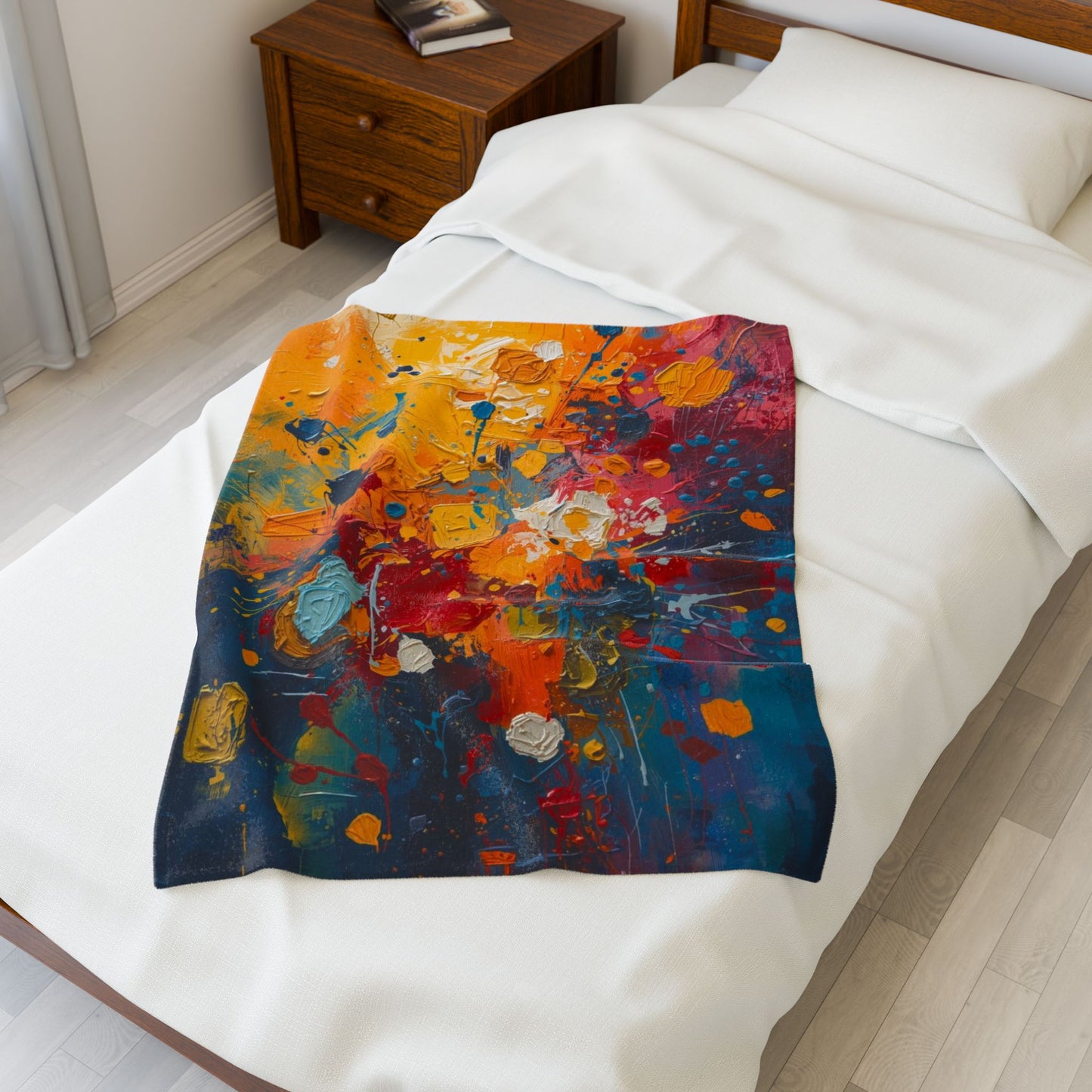 Colorful abstract patterned blanket on a bed in a bedroom setting