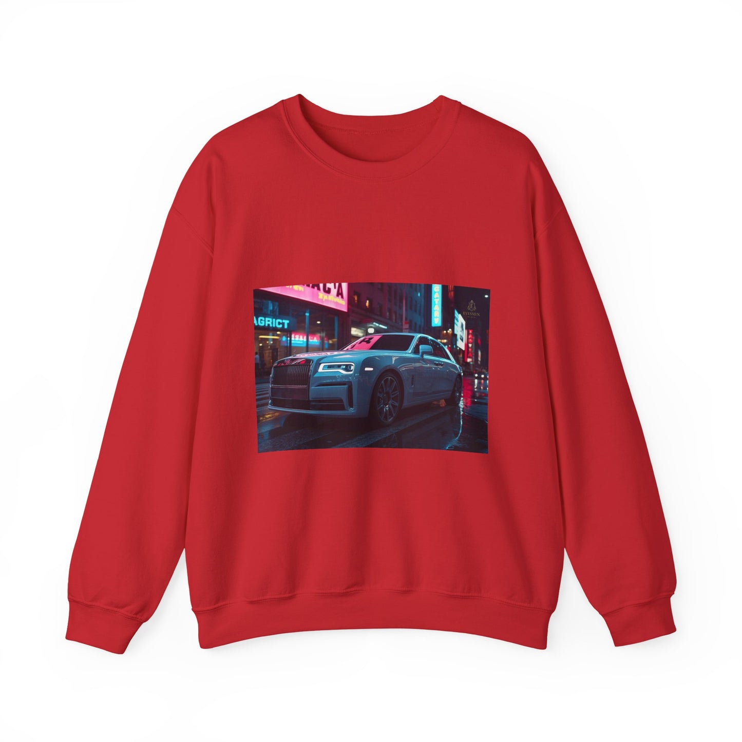 Red sweatshirt with a car graphic on a white background