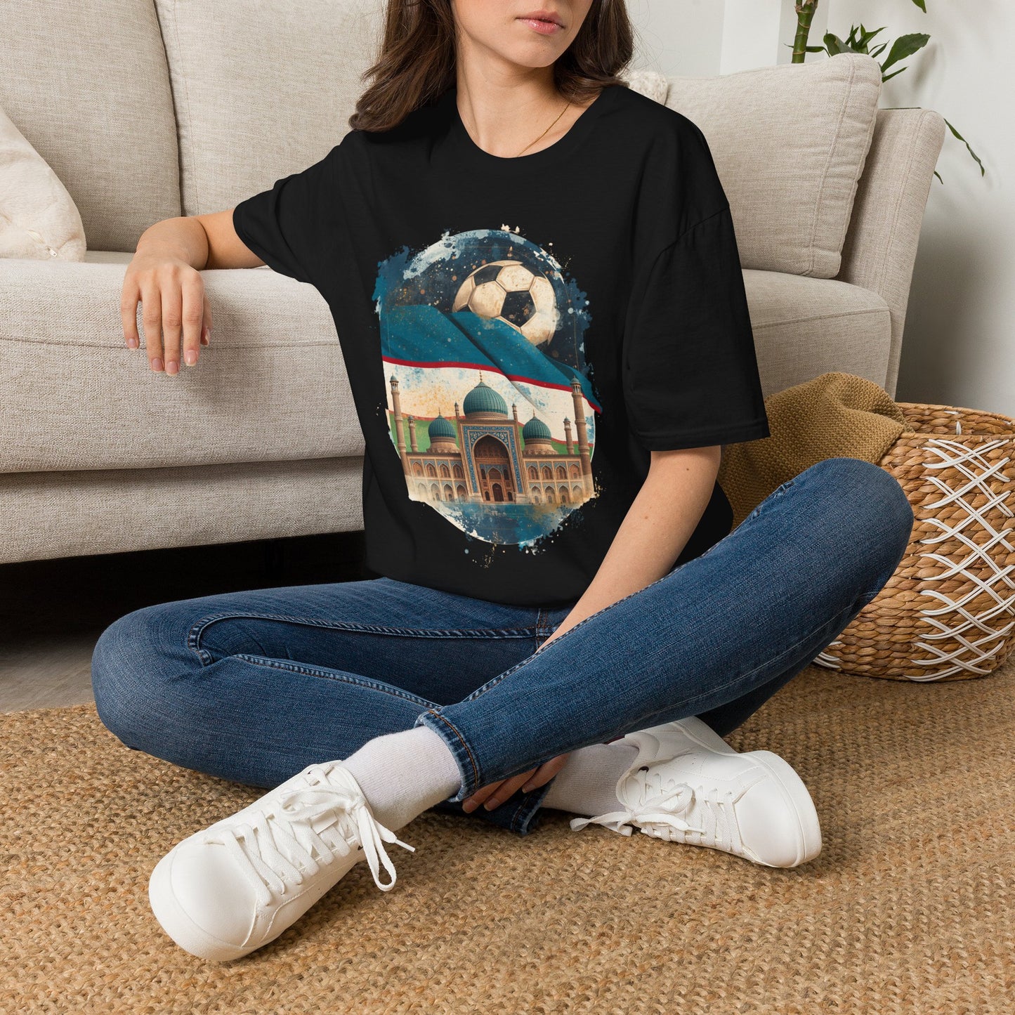 Uzbekistan Football Pride T-shirt Historic Madrasa and Vintage Soccer Ball Tee
