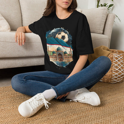 Uzbekistan Football Pride T-shirt Historic Madrasa and Vintage Soccer Ball Tee