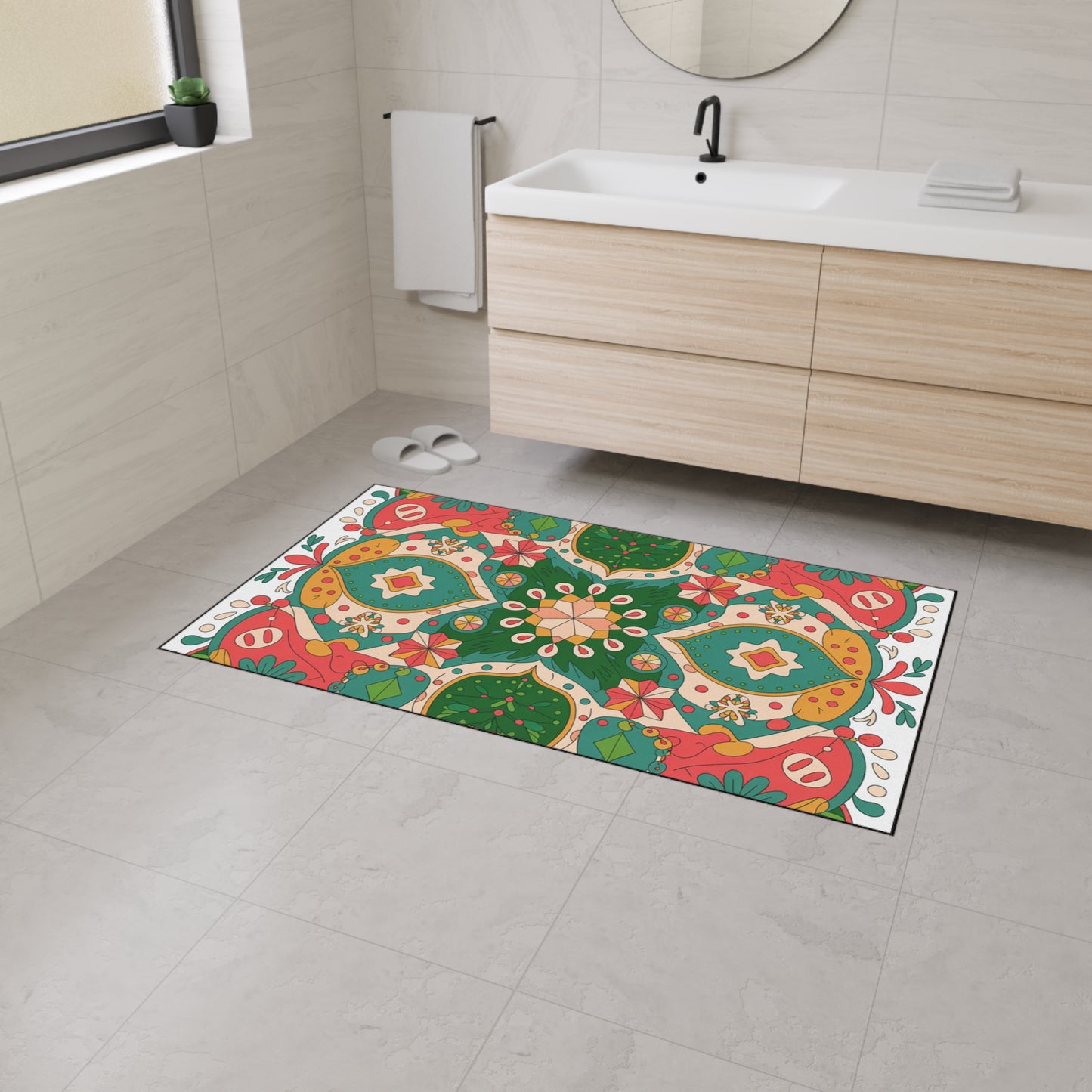 Colorful patterned rug on a bathroom floor with a sink and towel in the background.