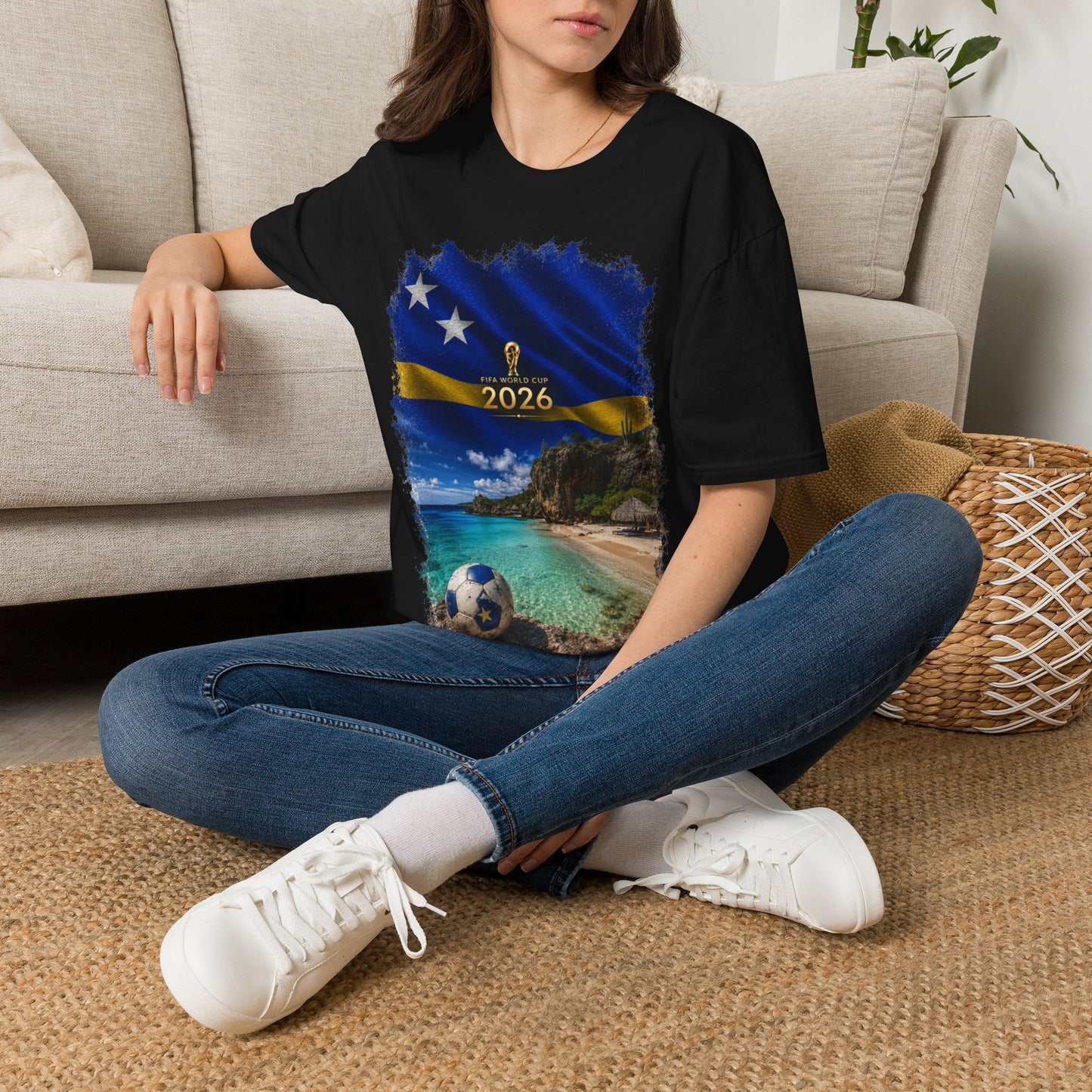 Curaçao Football Flag Beach Graphic T-Shirt Cinematic Caribbean Soccer Tee