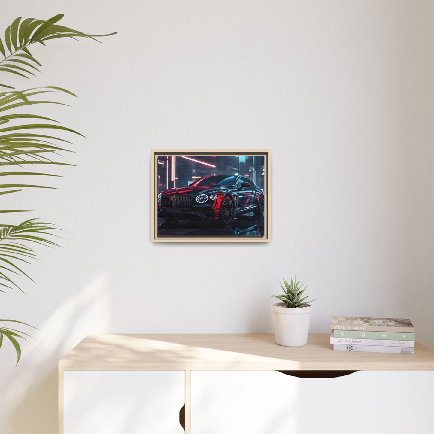 Framed Matte Canvas Print — Red Luxury Sports Car Neon City Wall Art